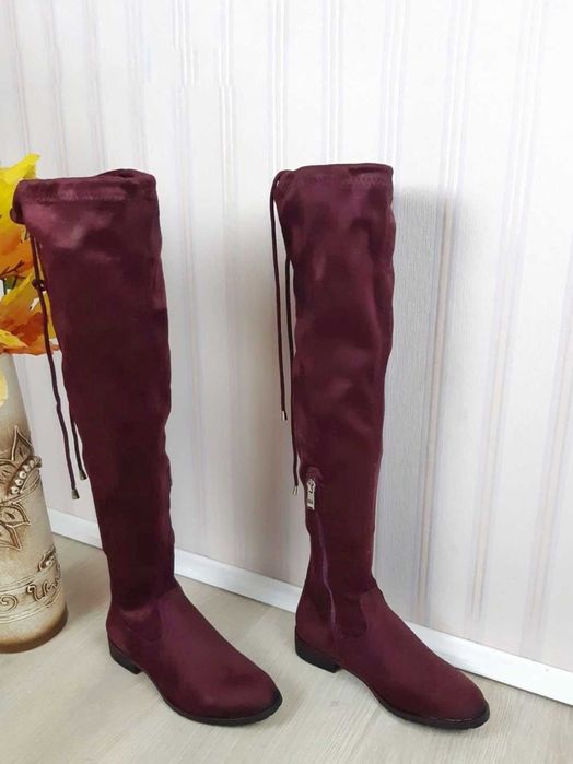 Високі сапоги чоботи ботфорти без підборів бордові (марсала), 37р