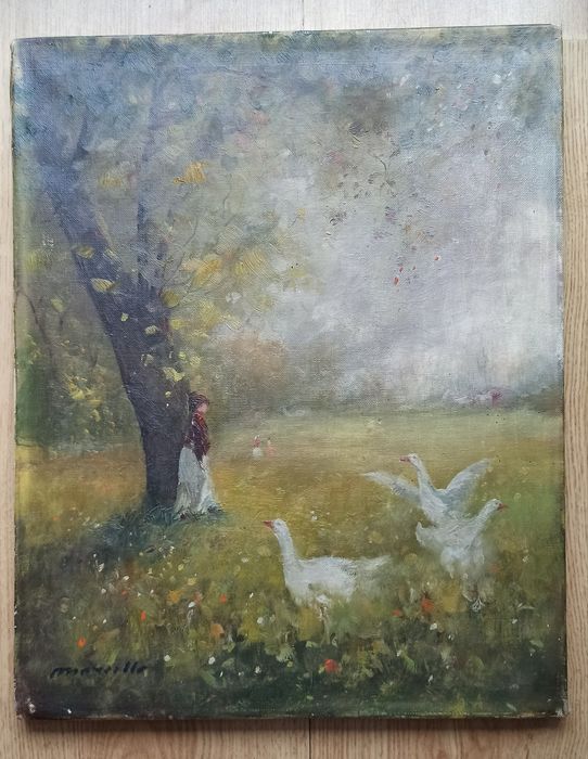 Obraz olejny na płótnie – MARCILLO (OLOT) – scena figuralna, sygnowany