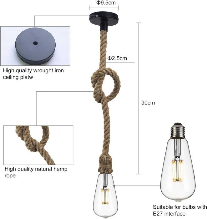 Candeeiro de corda de cânhamo suspenso vintage retro steampunk - NOVO