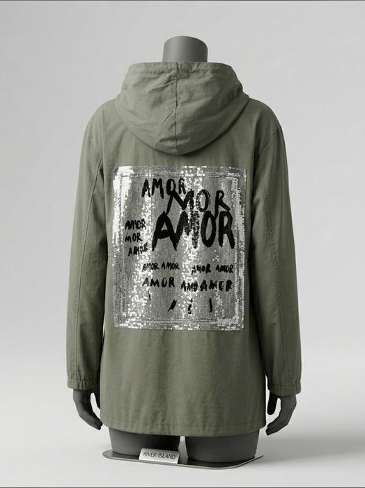 Стильная куртка / парка River Island с капюшоном и принтом из пайеток (р. 50 / L-XL) — Отличное состояние!