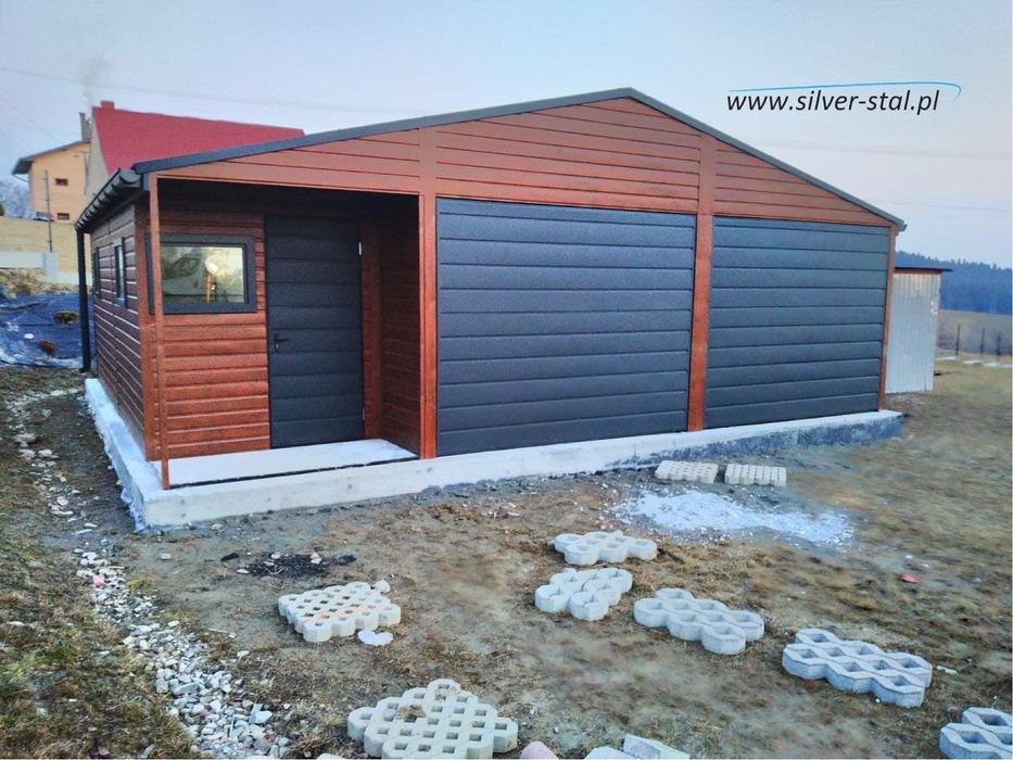 Garaż blaszany z wnęką 8x6 silver-stal 8x7