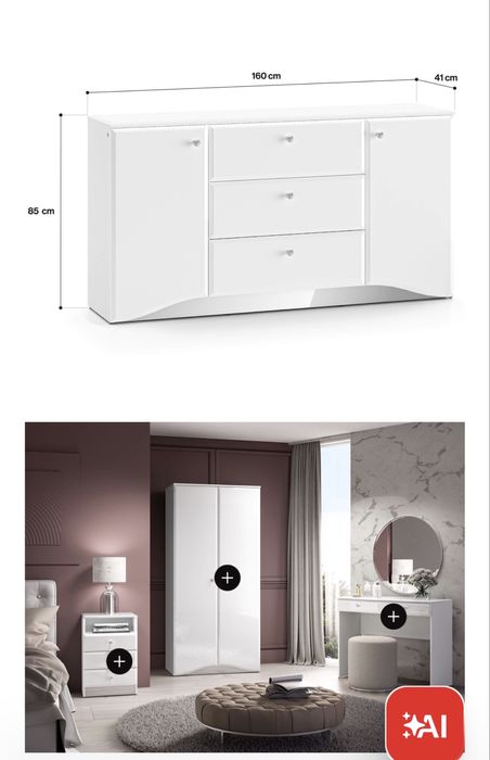 Komoda z oświetleniem LED GLAMOUR 160cm Biały połysk