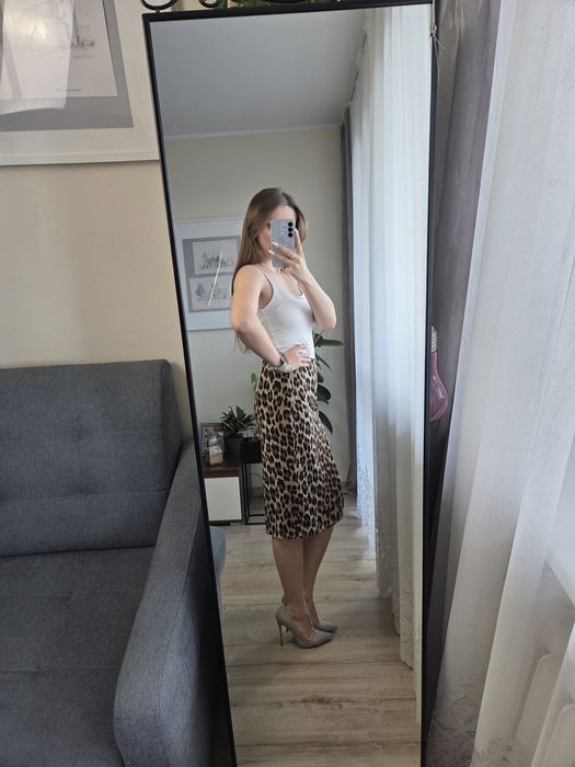 Nowa spódnica za kolano wysoki stan Mango XS panterka leopard gepard