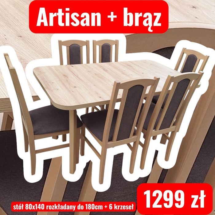 Nowe: Stół rozkładany + 6 krzeseł, ARTISAN + BRĄZ , dostawa na terenie całej Polski WWW.DX-MEBLE.PL- POLSKA PRODUKCJA