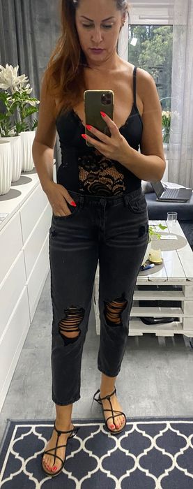 Czarne szare jeansy spodnie z dziurami mom boyfriend S M