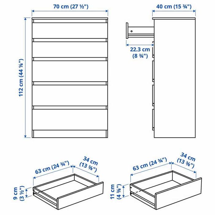 Cómoda KULLEN com 5 gavetas, branco, 70x40x112 cm