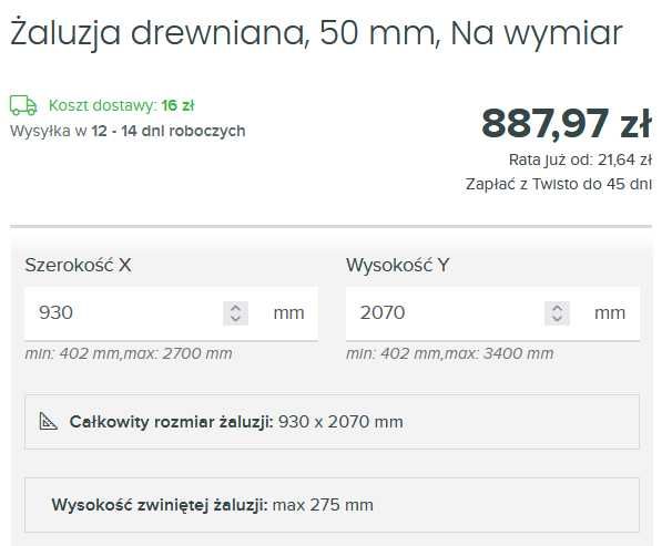Żaluzja drewniana, 50 mm, 93x207 cm, balkonowa