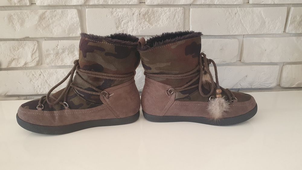 Damskie botki/śniegowce/Eskimoski khaki/moro piórka/koraliki 36