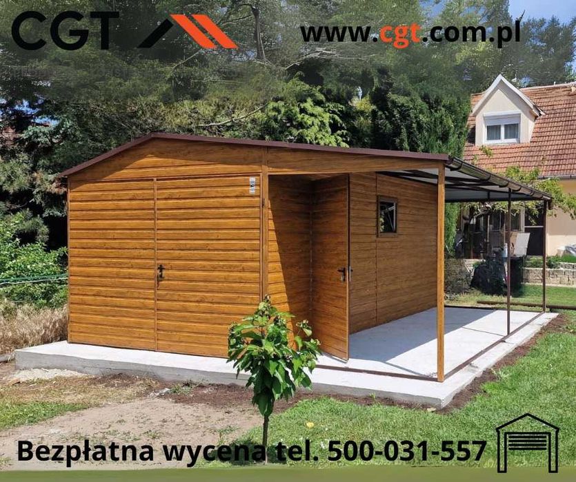 Garaż drewnopodobny 3x6 z wiatą 2m szeroką