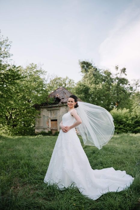 Элегантное винтажное свадебное платье со шлейфом, А-силует, XS айвори