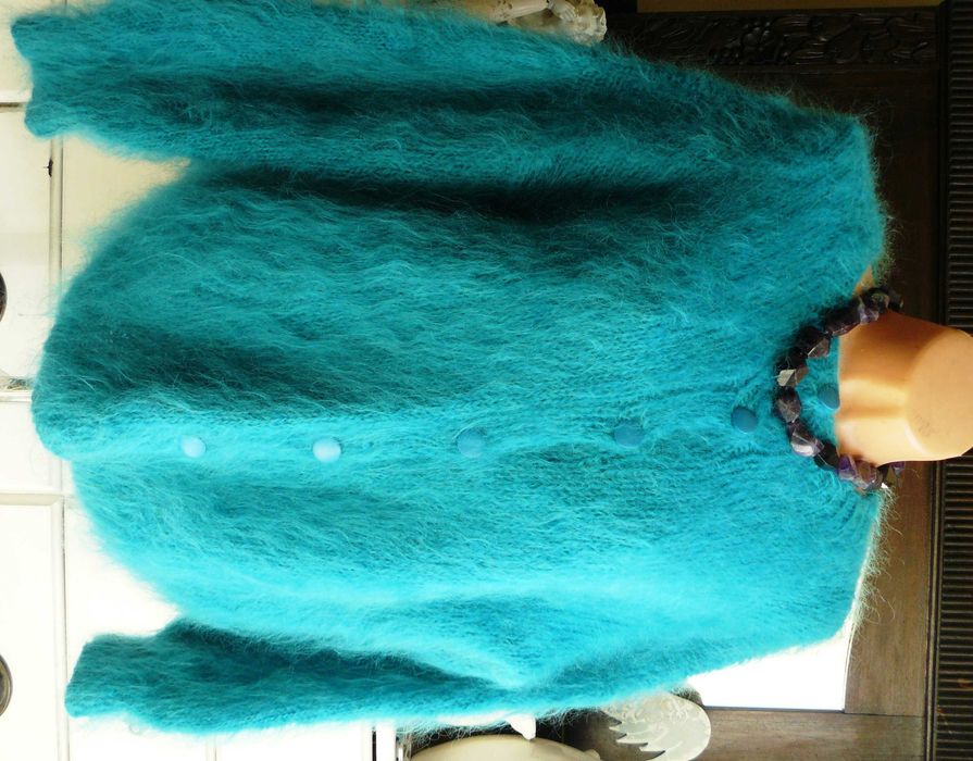 Szmaragdowy morski sweter rozpinany kardigan prawdziwy moher handmade