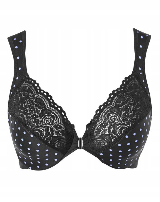 GLAMORISE biustonosz czarny w grochy z przodu zapinany UK 42E 95F  95E