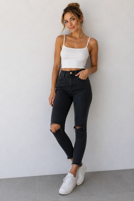Spodnie jeansowe wysoki stan dziury dopasowane S 36 H&M