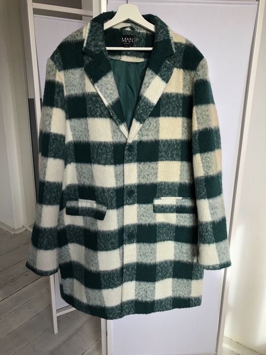 Boohoo MAN jednorzędowy płaszcz w kratę zielono biały oversize 4XL 48