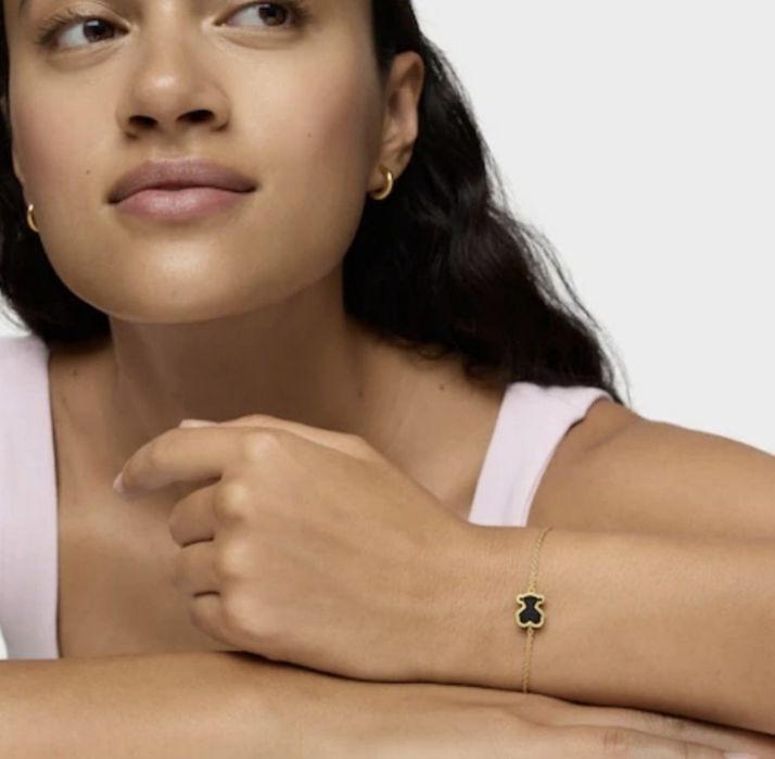 Bransoletka z misiem żółte srebro vermeil 925 czarne szkło akrylowe