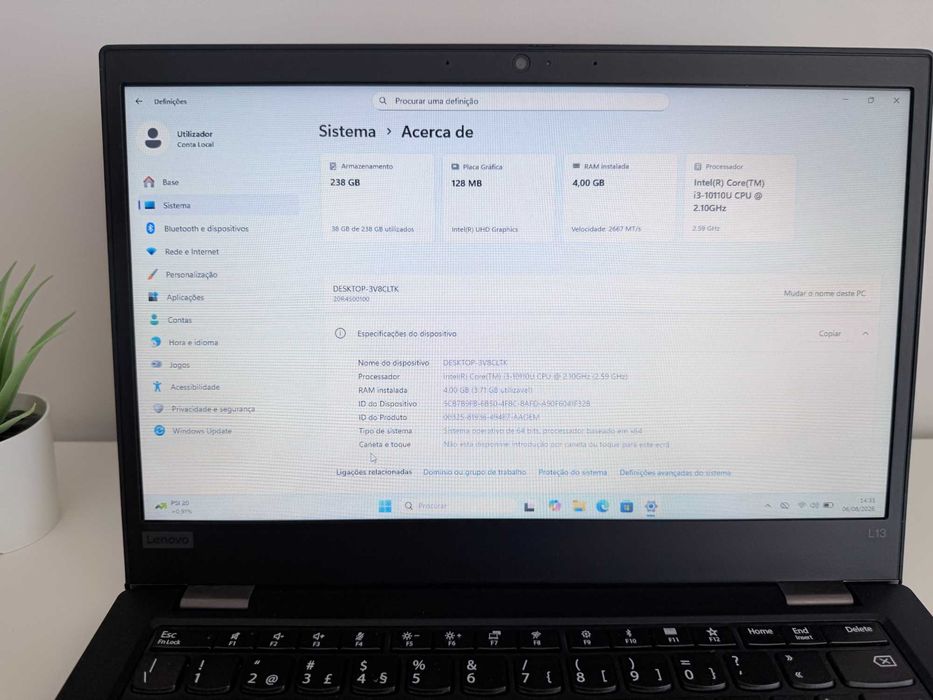 Portátil Lenovo L13 (i3 10ª Geração + 4GB + 256GB SSD)