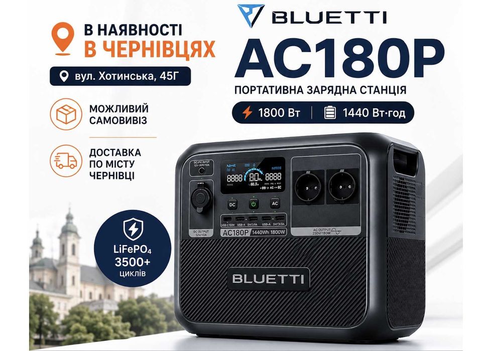 Портативна зарядна станція BLUETTI AC180P 1800W 1440Wh LiFePO4 електростанція 230В з UPS чиста синусоїда для дому квартири котла