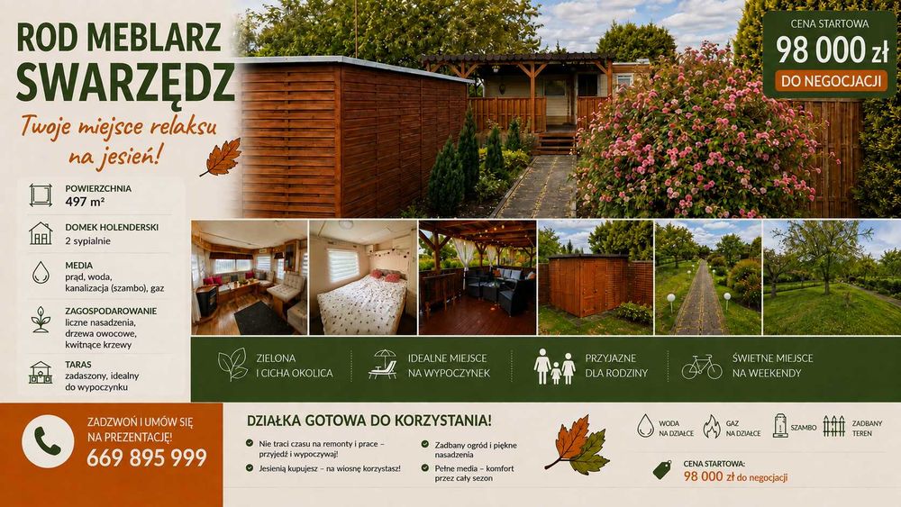 Działka ROD Meblarz Swarzędz 497 m² z domkiem holenderskim i pełnym wyposażeniem.