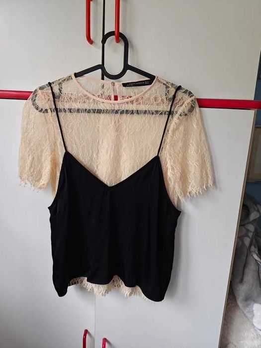 Elegancka bluzka 2w1 ZARA koronka czarny top na ramiączkach beżowa S 36 coquette