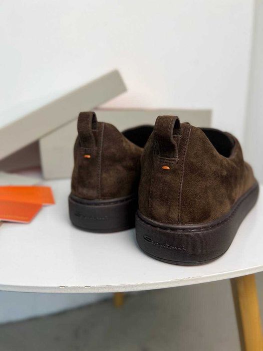 Мужские кожаные кроссовки Santoni замшевые кеды Сантони коричневые