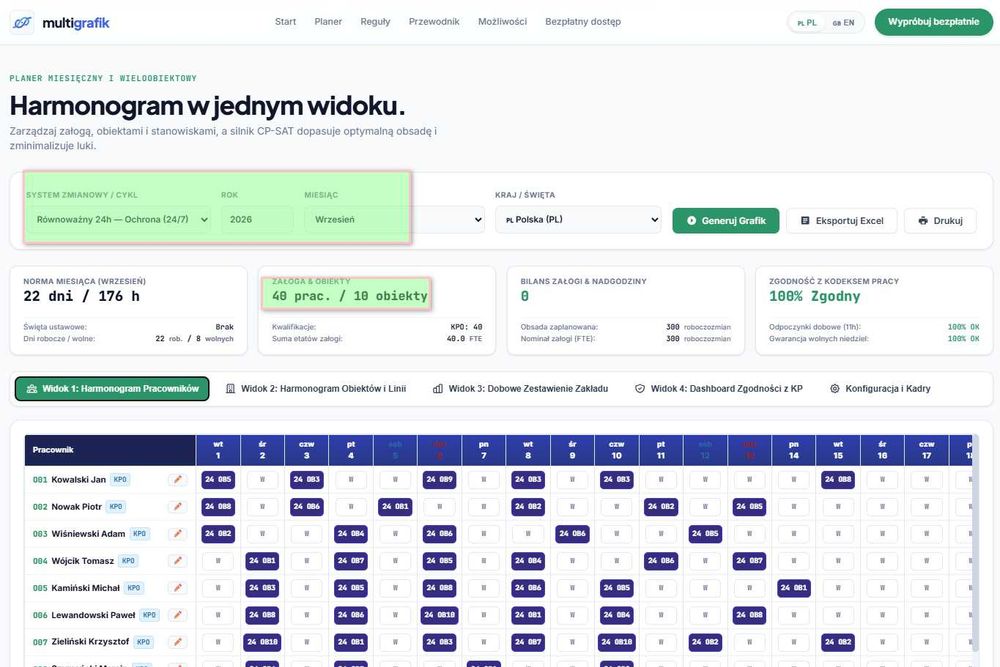 grafik czasu pracy 24/7, ochrona, produkcja, służba zdrowia, itp. bezpłatnie
