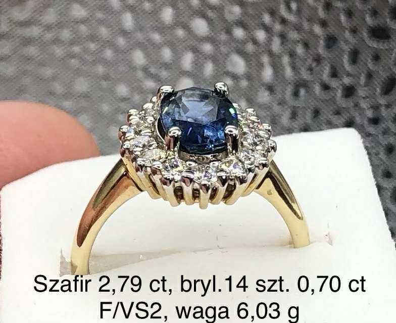 Złoty pierścionek z szafirem naturalnym 2,79 ct, brylanty 0,70 ct