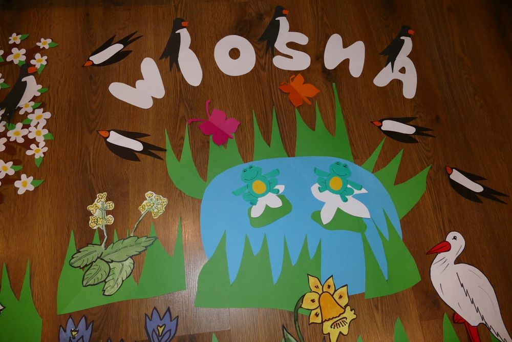 Wiosenna dekoracja na gazetkę szkolną przedszkolną wiosna, bocian