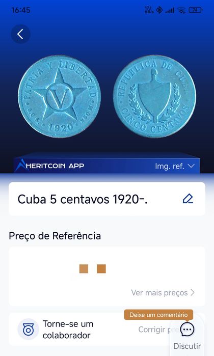Moeda antiga de 1920 Cuba