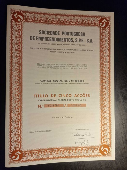 Títulos de Ações - Sociedade Portuguesa de Empreendimentos SPE, SA