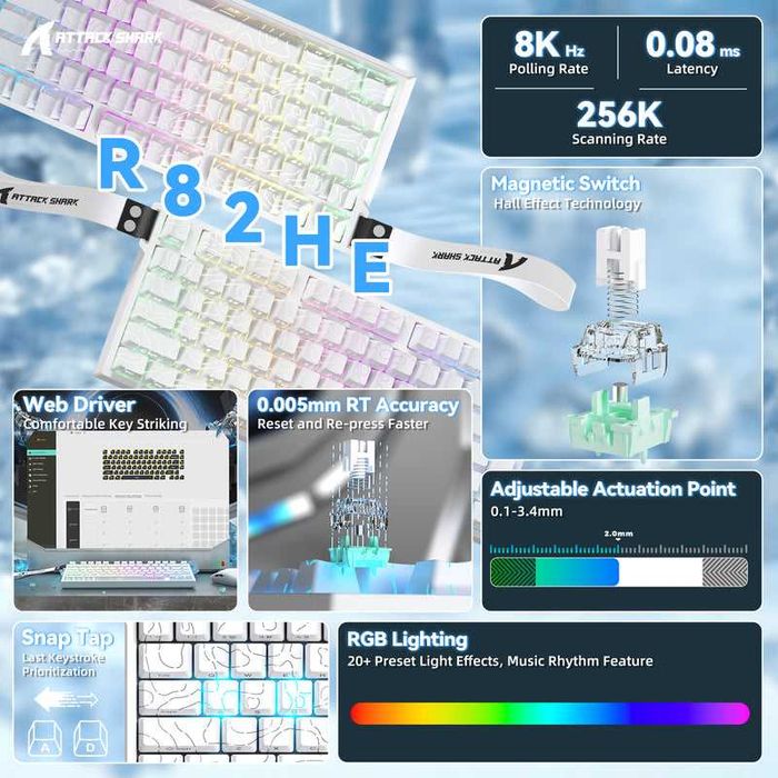 ‼️Attack Shark R82 HE White Contours магнитная клавиатура‼️Snap Tap‼️