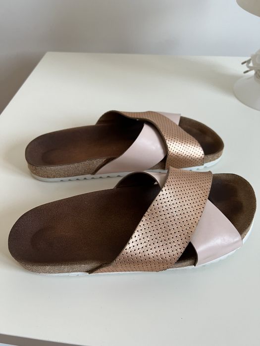 Klapki Wojas 38 złote różowe skórzane beżowe