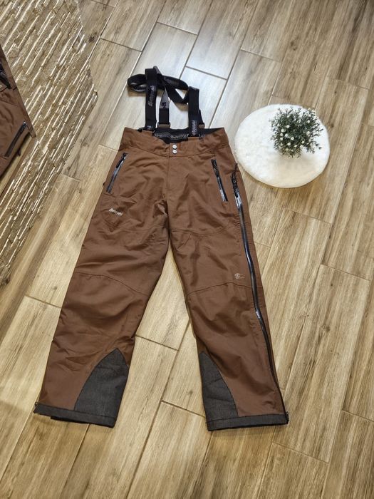 Bergans brązowe spodnie narciarskie XS/S szelki zimowe