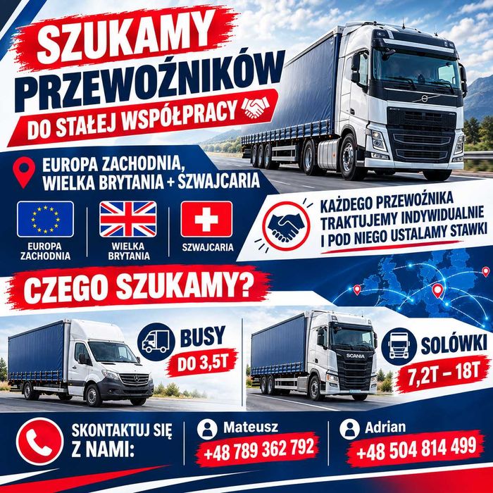 Szukamy przewoźników - Transport Międzynarodowy EU, auta od 3,5 do 18t DMC