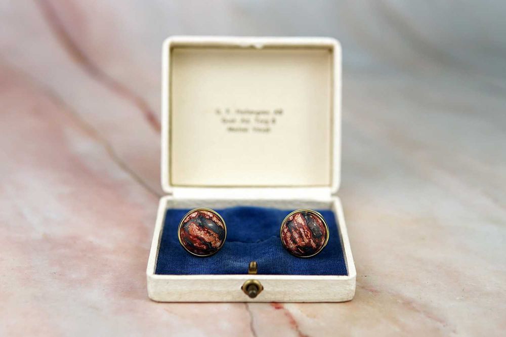 NOWE złote spinki koszulowe do mankietów jaspis kamień czerwone boho