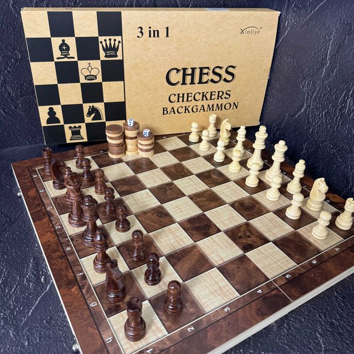 Шахматы, шашки, нарды 3 в 1 деревянные W7723B (доска 34x34 см)
