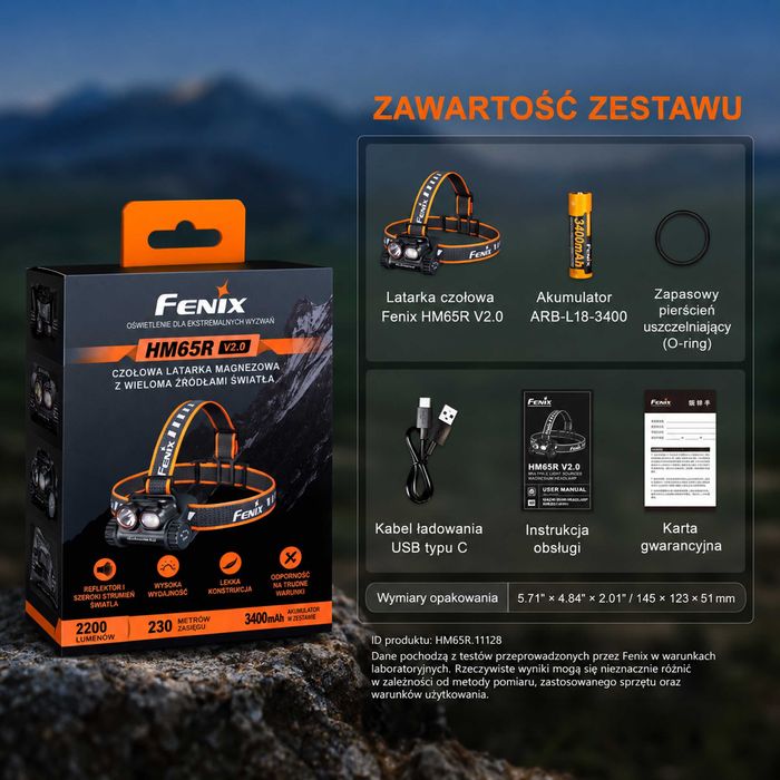 Latarka czołowa Fenix HM65R V2.0 + Akumulator + Zestaw