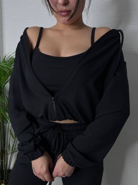 Жіночий спортивний костюм трійка з подвійним капюшоном двонитка