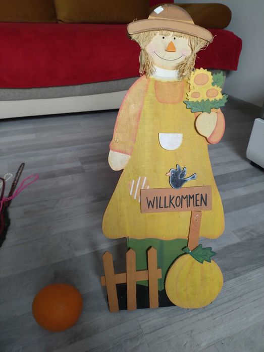 Drewniana dekoracja jesienna Willkommen + koraliki i apaszka