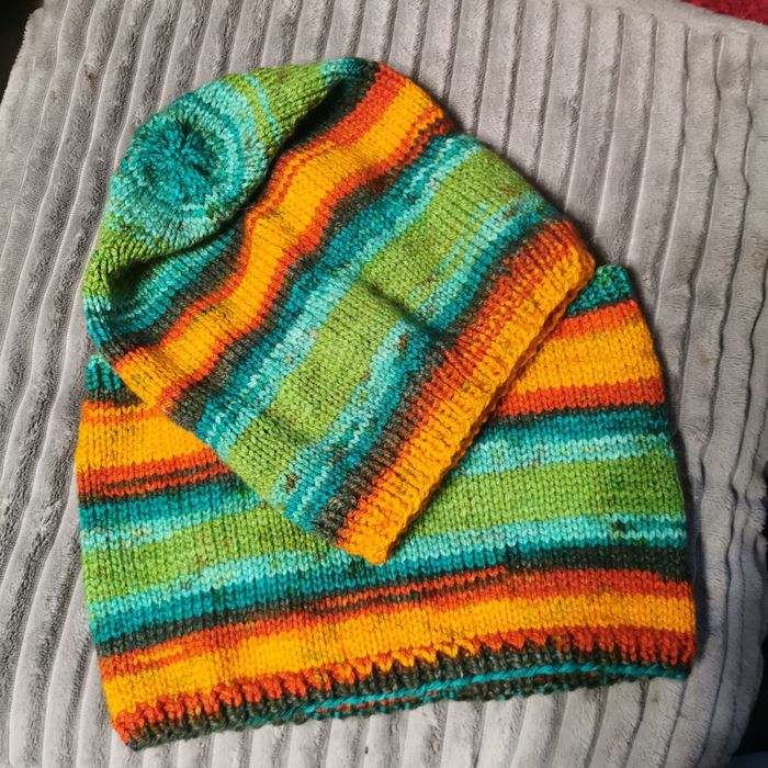 Czapka i komin handmade druty szmaragd zielony pomaranczowy