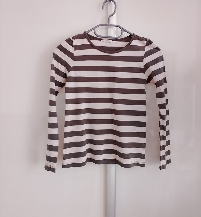 Klasyczna bluzka z długim rękawem longsleeve w poziome paski w kolorze brązowo-różowym H&M r.134/140
