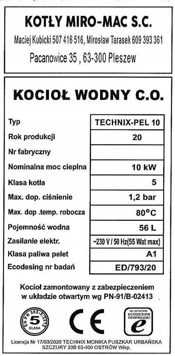 Piec CO na pellet  ekogroszek kocioł kotły 10 kW Miro-Mac 5 klasa