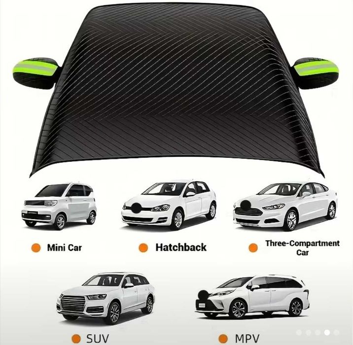 Mata antyszronowa, osłona na szybę samochodową, zielone lusterka.