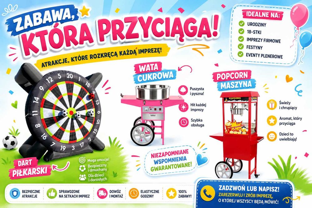 Dart piłkarski wata cukrowa popcorn dmuchaniec
