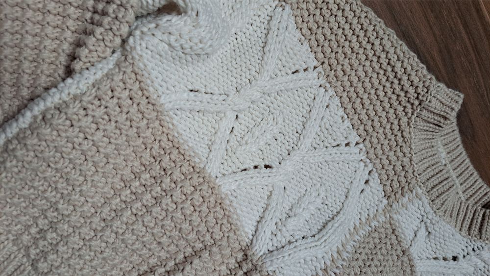 Sweter patchworkowy pull&bear r.S oversize splot warkoczowy waflowy