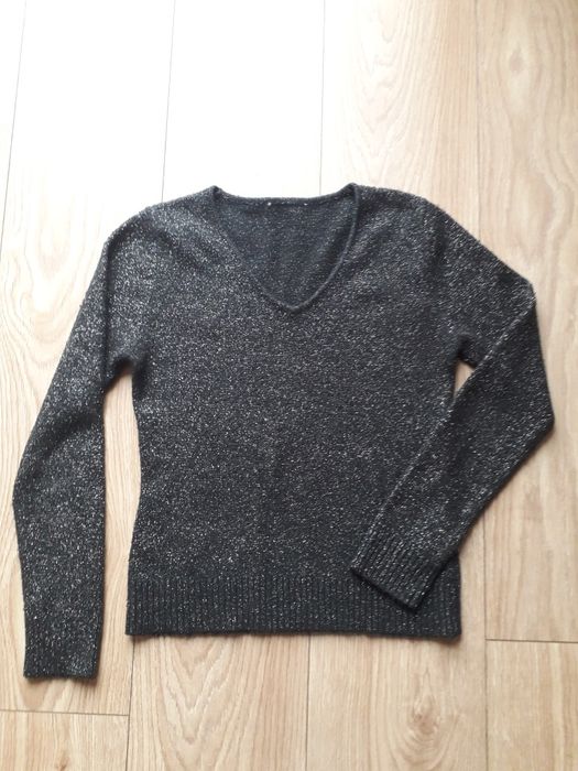 Sweter damski klasyczny 34 xs czarny srebrna nitka