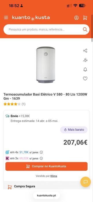 Termoacumulador Baxi Elétrico 80 Lts 1200W