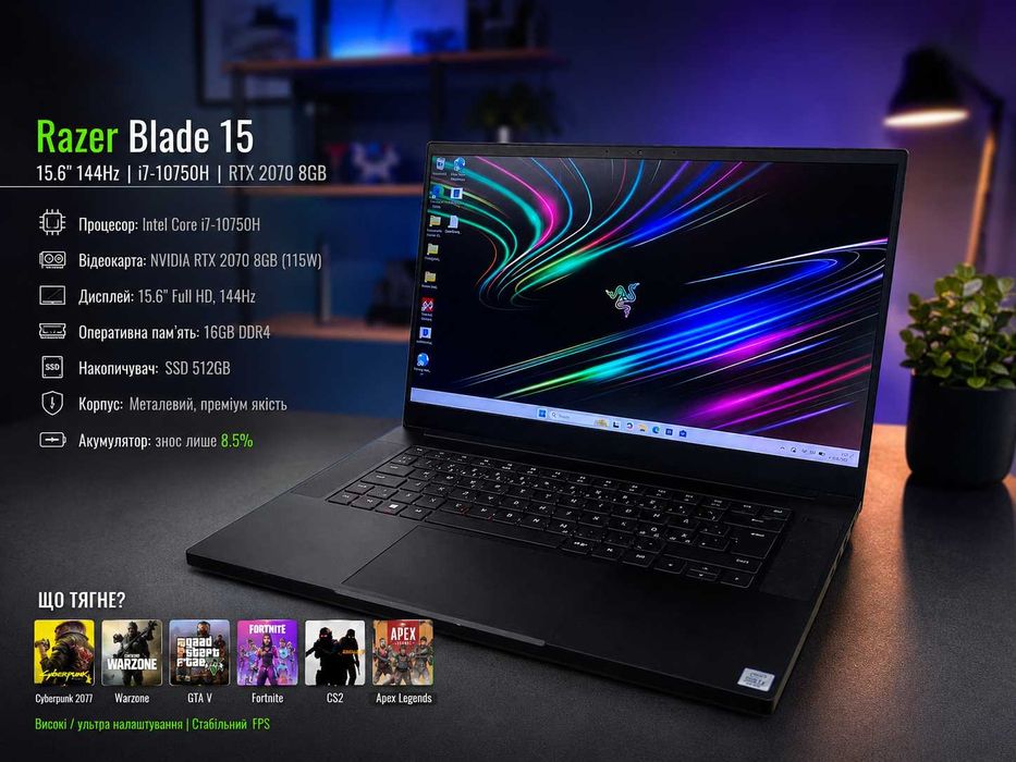 Razer Blade 15 RZ09 15.6` 144Hz i7-10750H RTX2070 8GB 115W 16DDR4/SSD512GB Ігровий ноутбук, магазин, гарантія!
