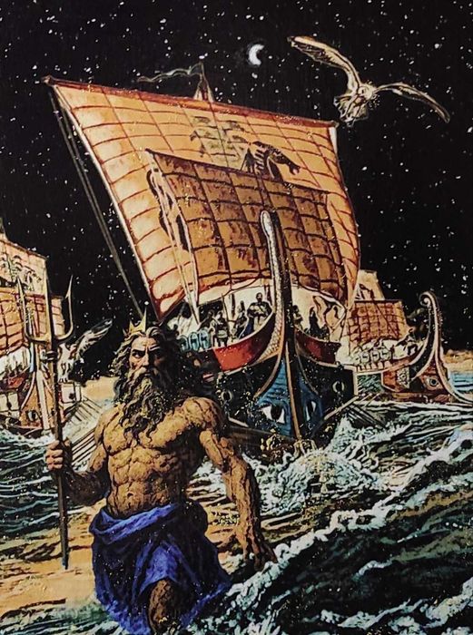 Картина,панно.Посейдон  морской бог и Одиссей .Античный стиль.Греция.