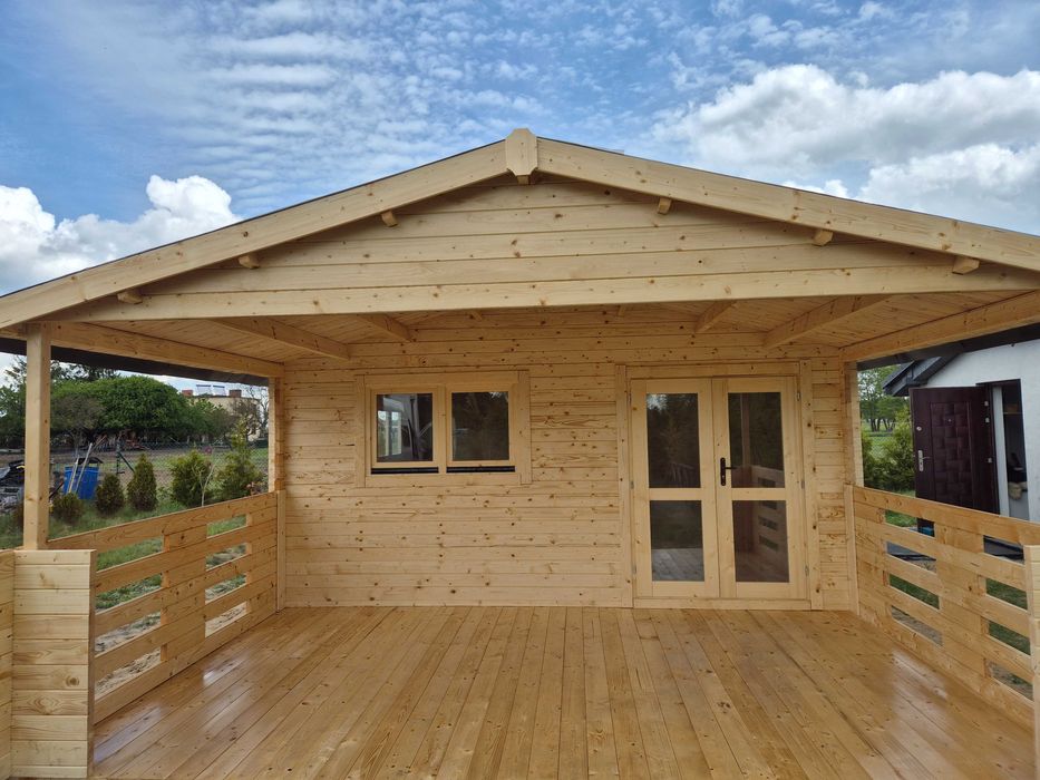piękny SOLIDNY domek drewniany + TARAS* 8m x 5m*40 m2*SCIANY aż 45 mm