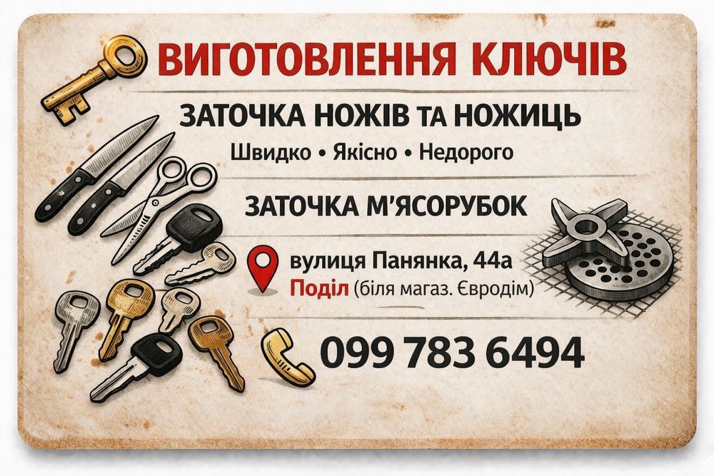 Виготовлення ключів | Заточка ножів, ножиць та м’ясорубок